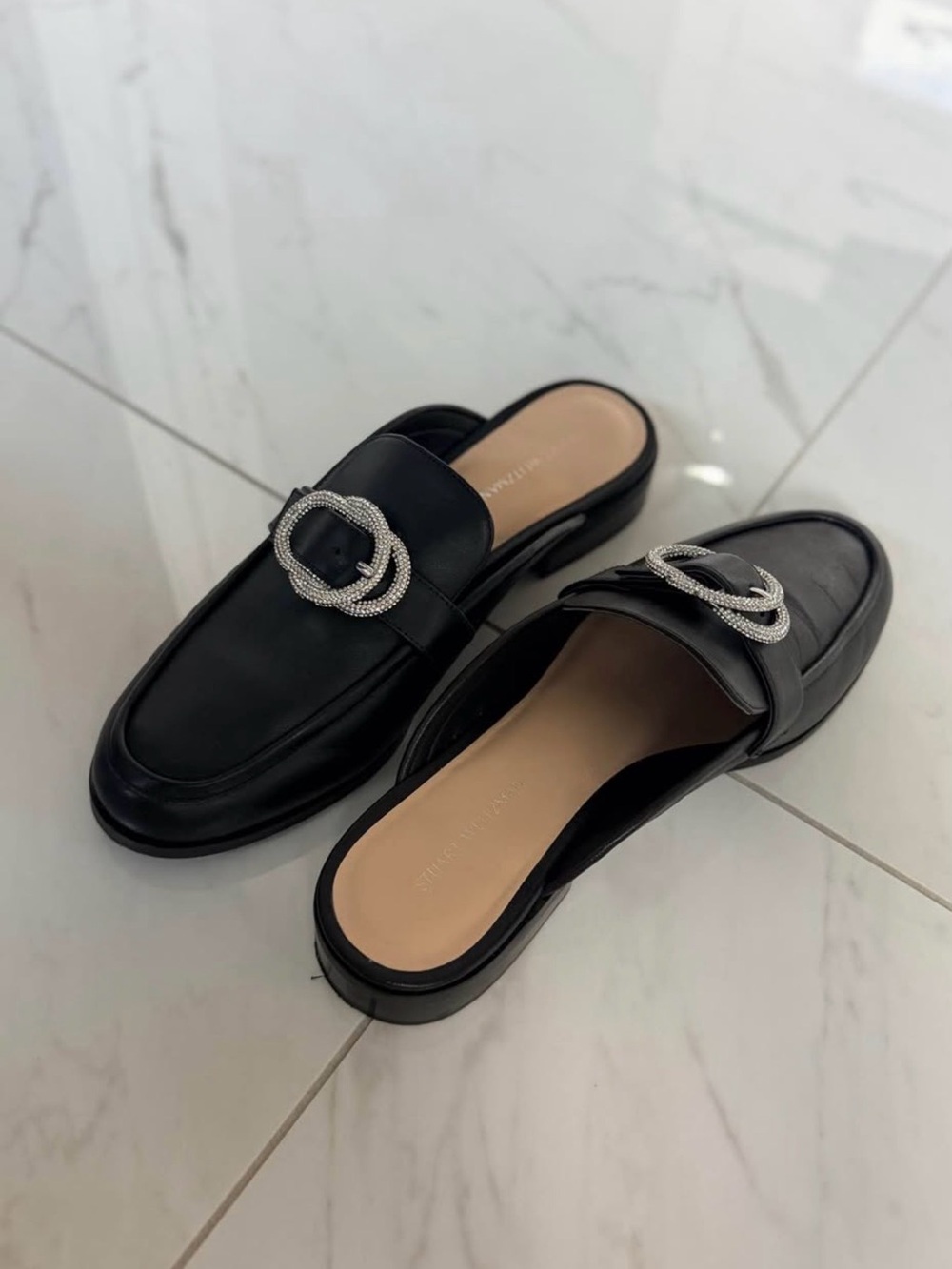Beautiful Stuart Weitzman Black Leather Mule Loafers with Silver Crystal Buckle